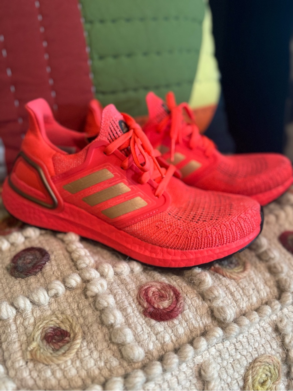 Adidas Women’s Ultra Boost Neon Red Knit Comfort Running Sneakers Gold Stripes